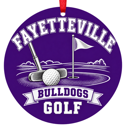 Fayetteville Bulldogs Golf Christmas ornament with putter, golf ball and putting green in purple and white, red hanging ribbon.