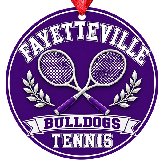 Fayetteville Bulldogs Tennis Christmas ornament with crossed tennis rackets and laurel details in purple and white, red hanging ribbon.