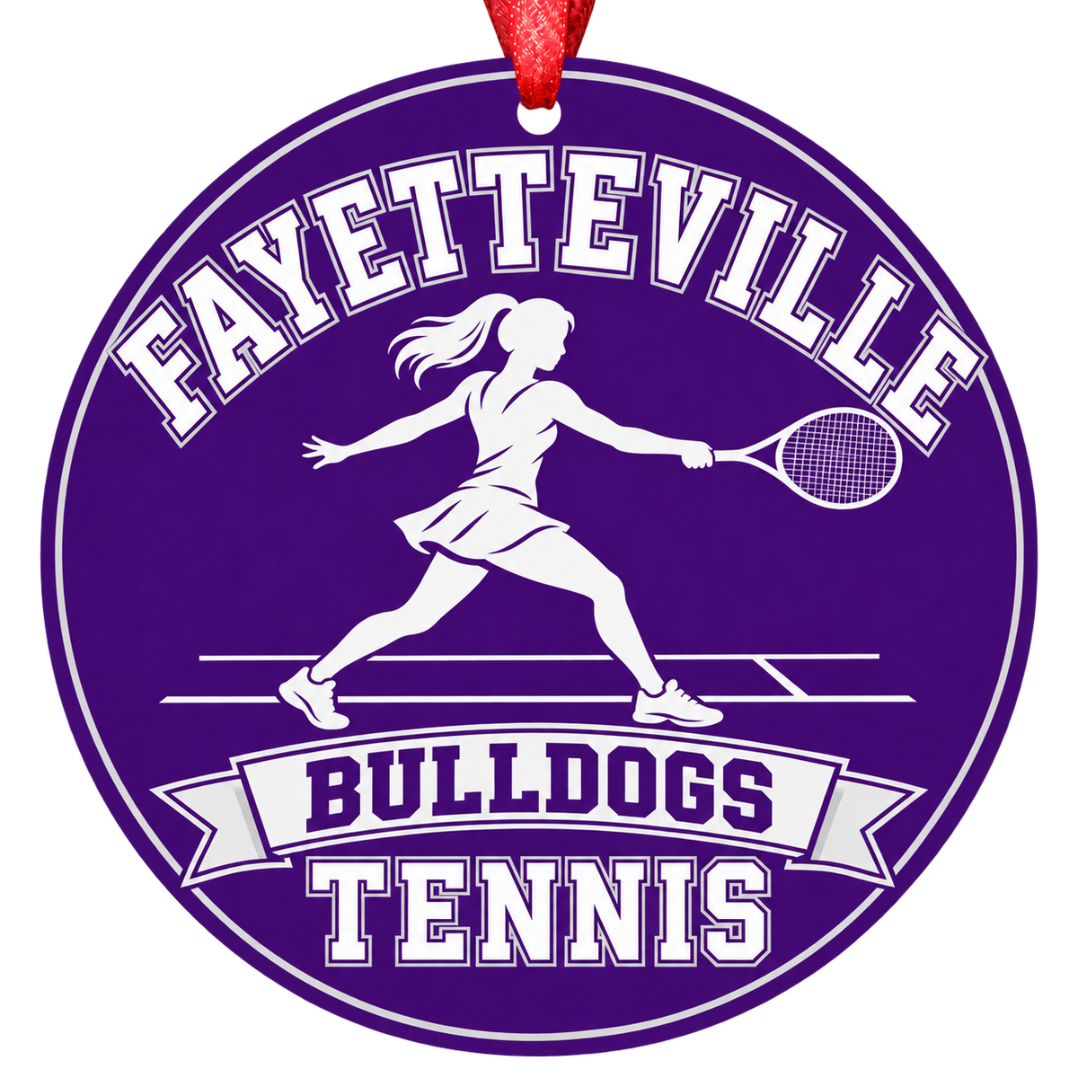 Fayetteville Bulldogs Tennis Christmas ornament with tennis player silhouette in purple and white, red hanging ribbon.