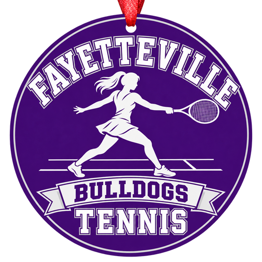 Fayetteville Bulldogs Tennis Christmas ornament with tennis player silhouette in purple and white, red hanging ribbon.