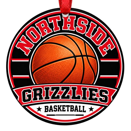 Northside Grizzlies Basketball Christmas ornament with varsity basketball artwork in red, black and white, red hanging ribbon.