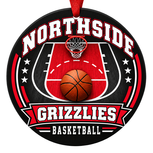 Northside Grizzlies Basketball Christmas ornament with basketball court, hoop and ball artwork in red, black and white, red hanging ribbon.