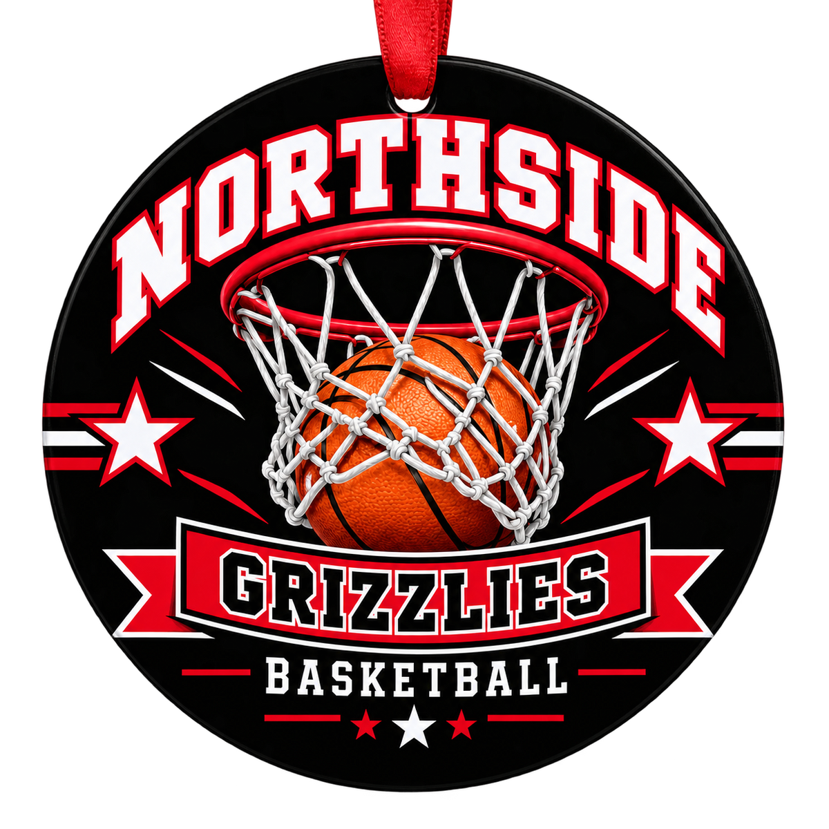 Northside Grizzlies Basketball Christmas ornament with basketball passing through a hoop in red, black and white, red hanging ribbon.
