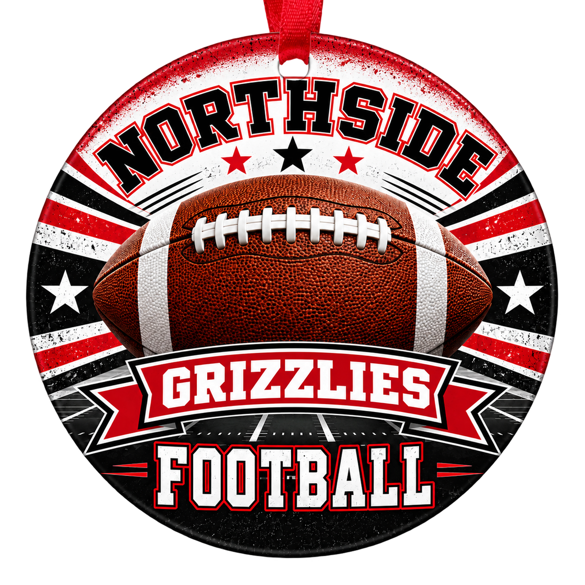 Northside Grizzlies Football Christmas ornament with football, stars and field artwork in red, black and white, red hanging ribbon.