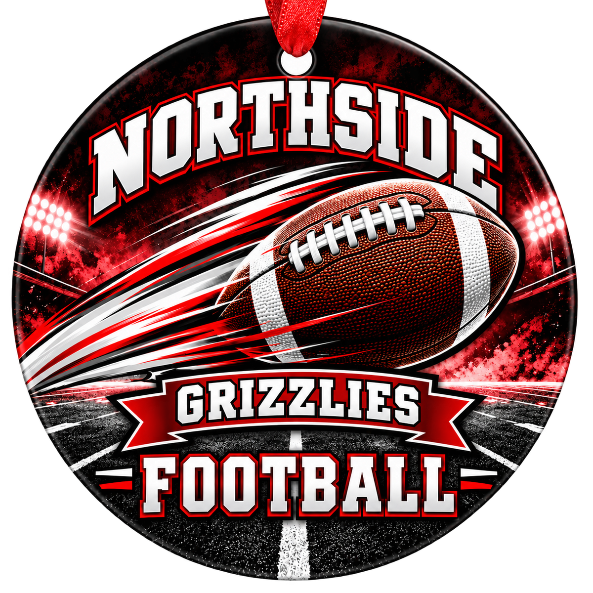 Northside Grizzlies Football Christmas ornament with football with motion streaks and stadium lights in red, black and white, red hanging ribbon.