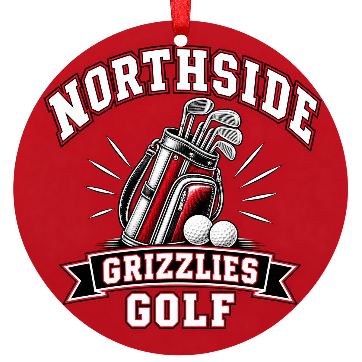 Northside Grizzlies Golf Christmas ornament with golf bag, clubs and balls in red, black and white, red hanging ribbon.