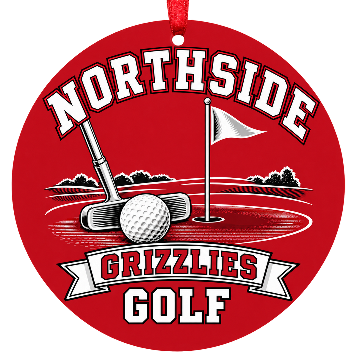 Northside Grizzlies Golf Christmas ornament with putter, golf ball and putting green in red, black and white, red hanging ribbon.