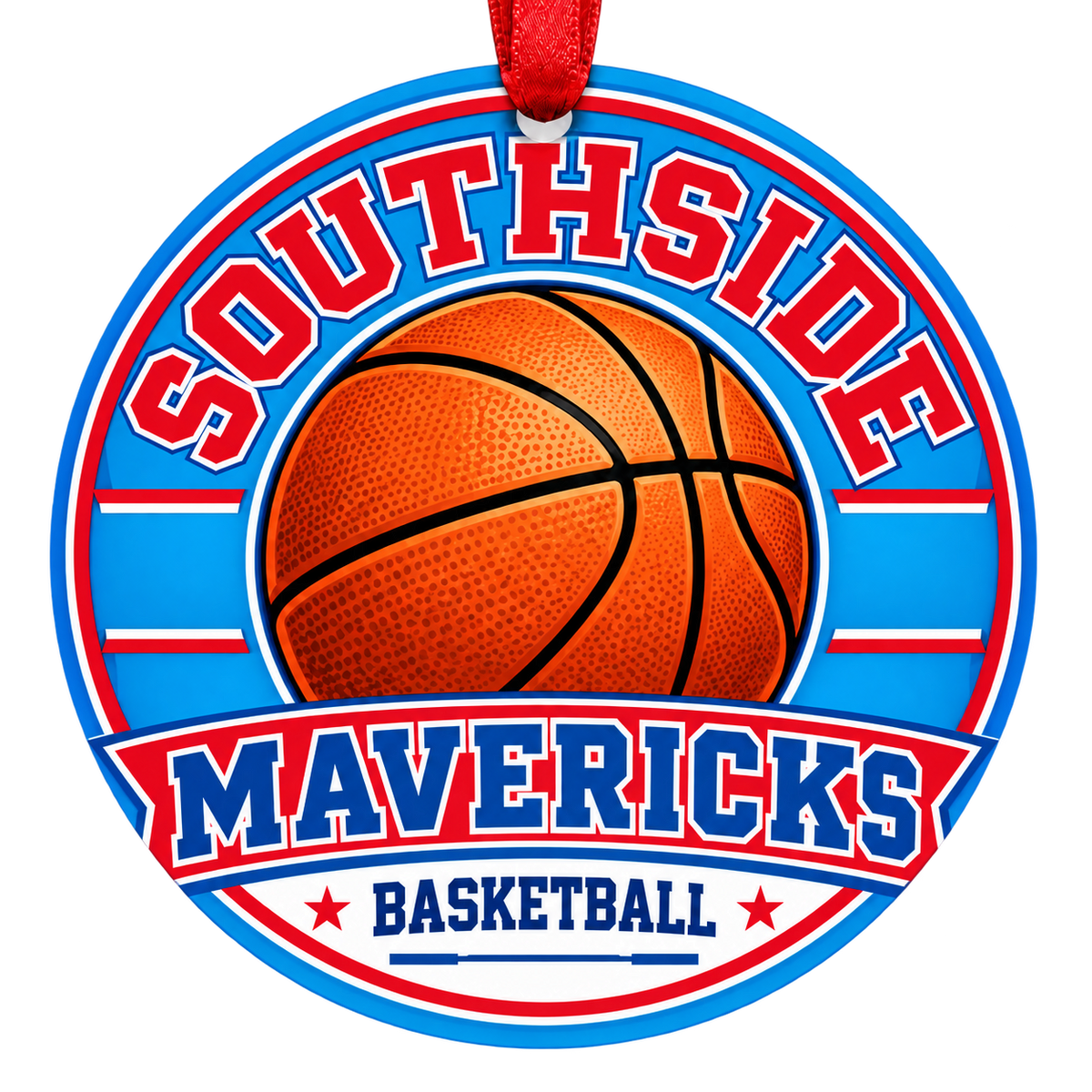 Southside Mavericks Basketball Christmas ornament with varsity basketball artwork in bright Columbia blue and red, red hanging ribbon.