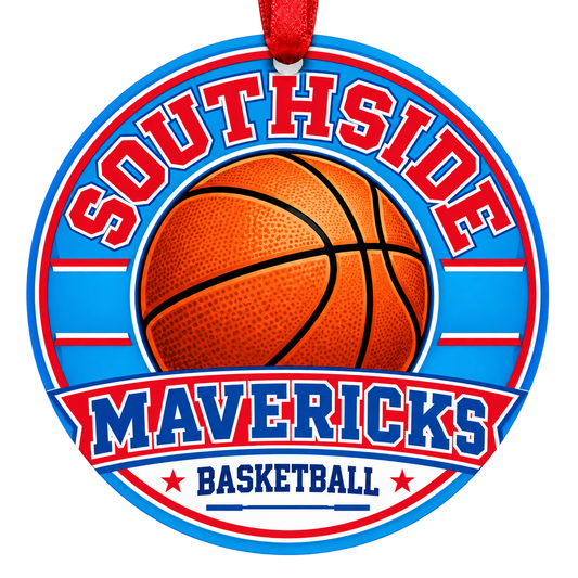 Southside Mavericks Basketball Christmas ornament with varsity basketball artwork in bright Columbia blue and red, red hanging ribbon.