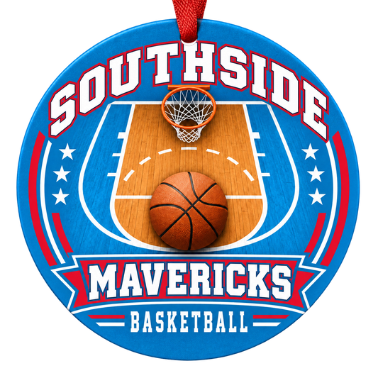 Southside Mavericks Basketball Christmas ornament with basketball court, hoop and ball artwork in bright Columbia blue and red, red hanging ribbon.