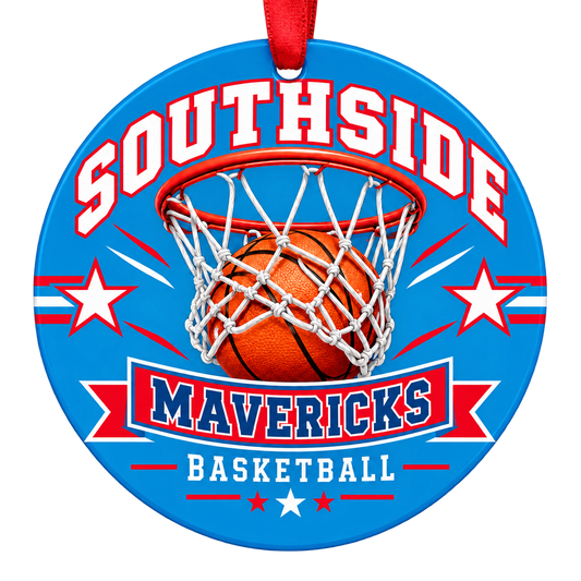 Southside Mavericks Basketball Christmas ornament with basketball passing through a hoop in bright Columbia blue and red, red hanging ribbon.