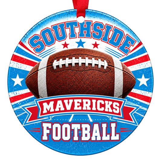 Southside Mavericks Football Christmas ornament with football, stars and field artwork in bright Columbia blue and red, red hanging ribbon.