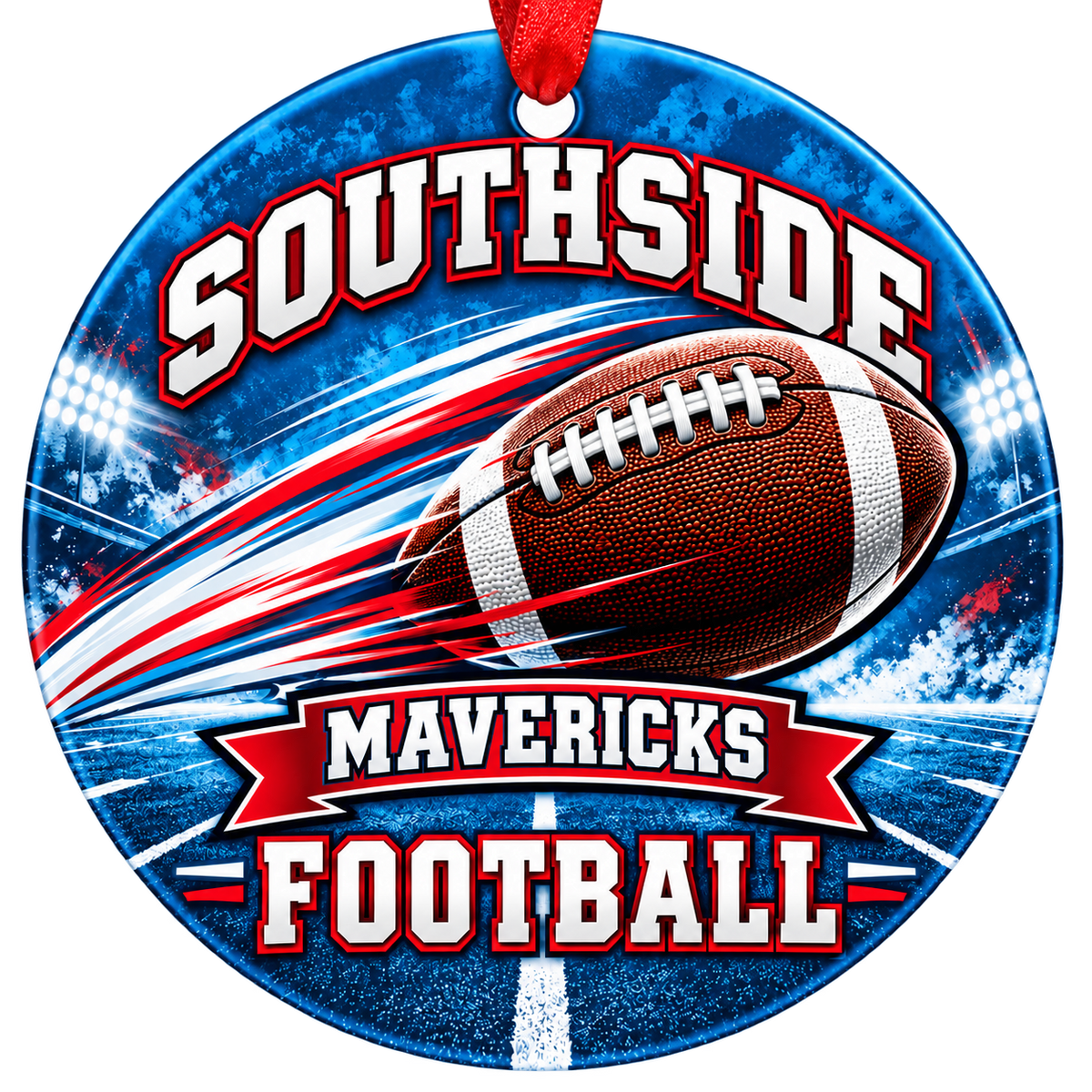 Southside Mavericks Football Christmas ornament with football with motion streaks and stadium lights in bright Columbia blue and red, red hanging ribbon.