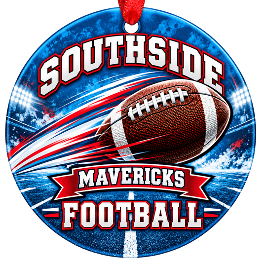 Southside Mavericks Football Christmas ornament with football with motion streaks and stadium lights in bright Columbia blue and red, red hanging ribbon.