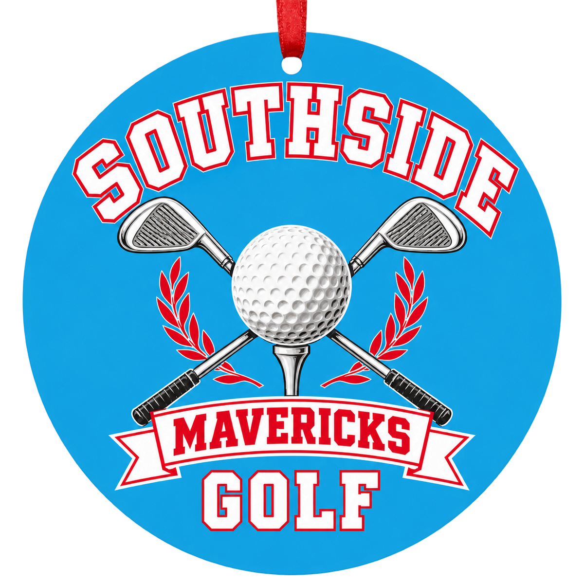 Southside Mavericks Golf Christmas ornament with golf ball and crossed clubs in bright Columbia blue and red, red hanging ribbon.