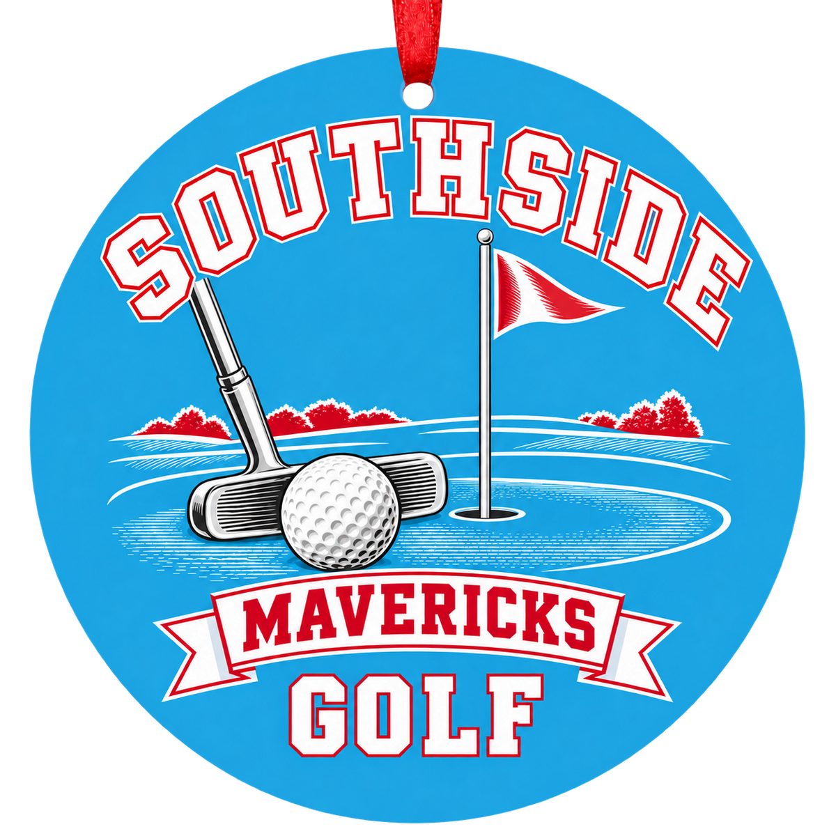 Southside Mavericks Golf Christmas ornament with putter, golf ball and putting green in bright Columbia blue and red, red hanging ribbon.