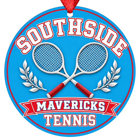 Southside Mavericks Tennis Christmas ornament with crossed tennis rackets and laurel details in bright Columbia blue and red, red hanging ribbon.