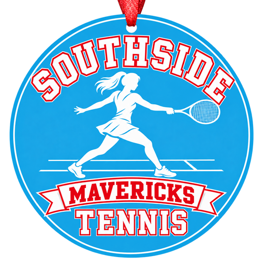 Southside Mavericks Tennis Christmas ornament with tennis player silhouette in bright Columbia blue and red, red hanging ribbon.