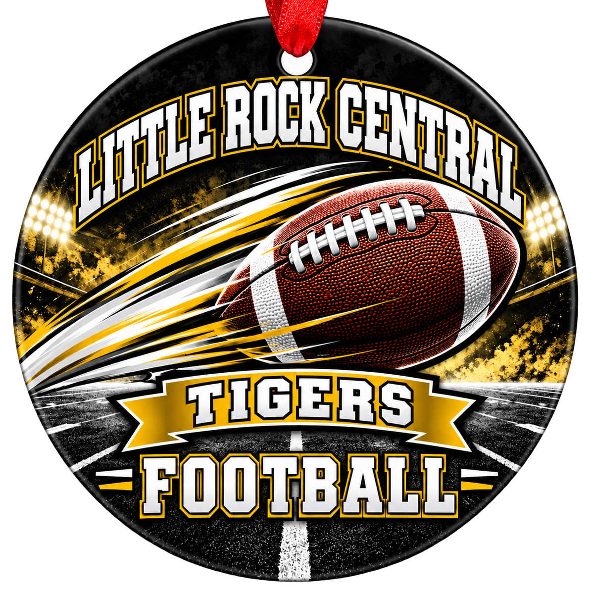 Little Rock Central Tigers Football Christmas ornament with football with motion streaks and stadium lights in black and old gold, red hanging ribbon.