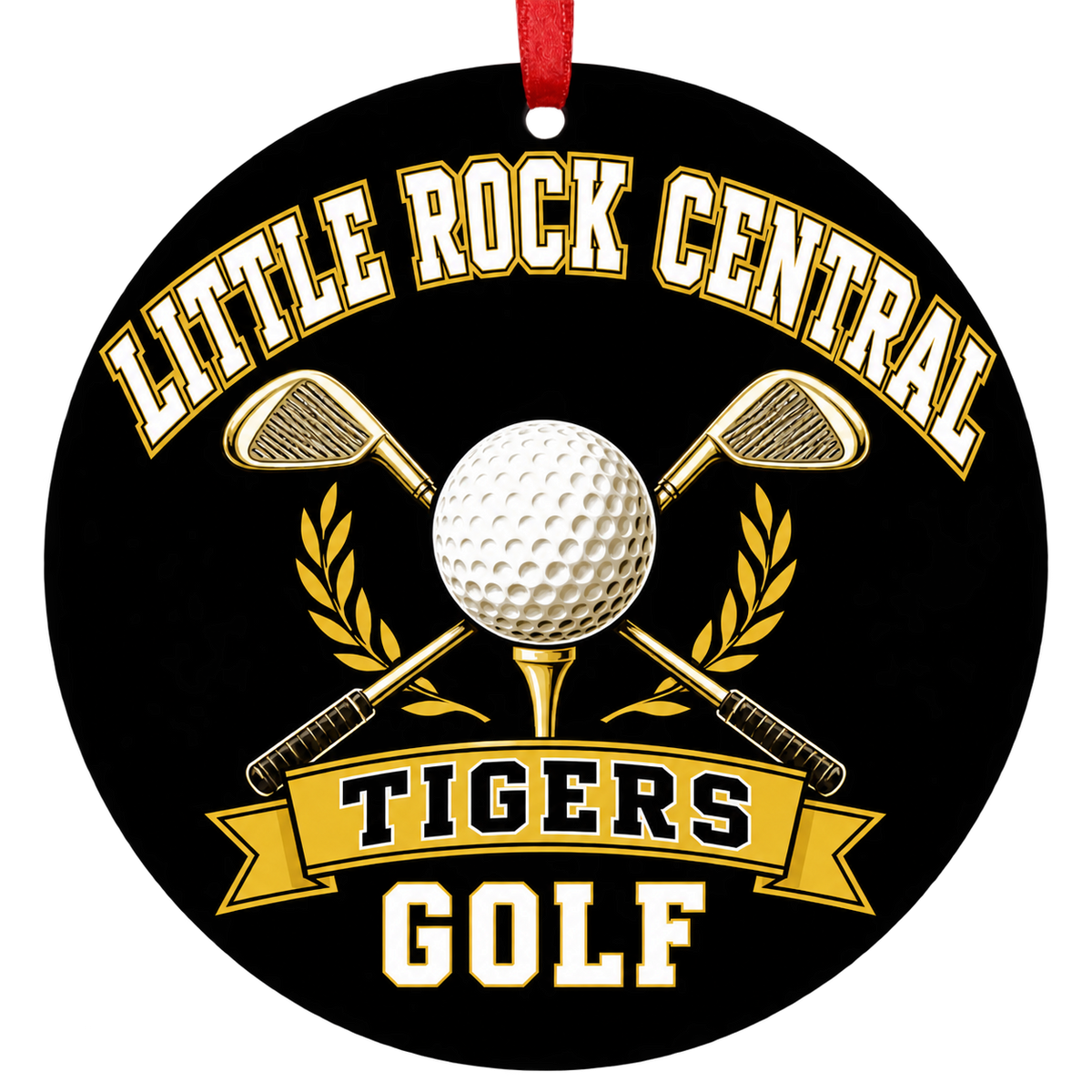 Little Rock Central Tigers Golf Christmas ornament with golf ball and crossed clubs in black and old gold, red hanging ribbon.