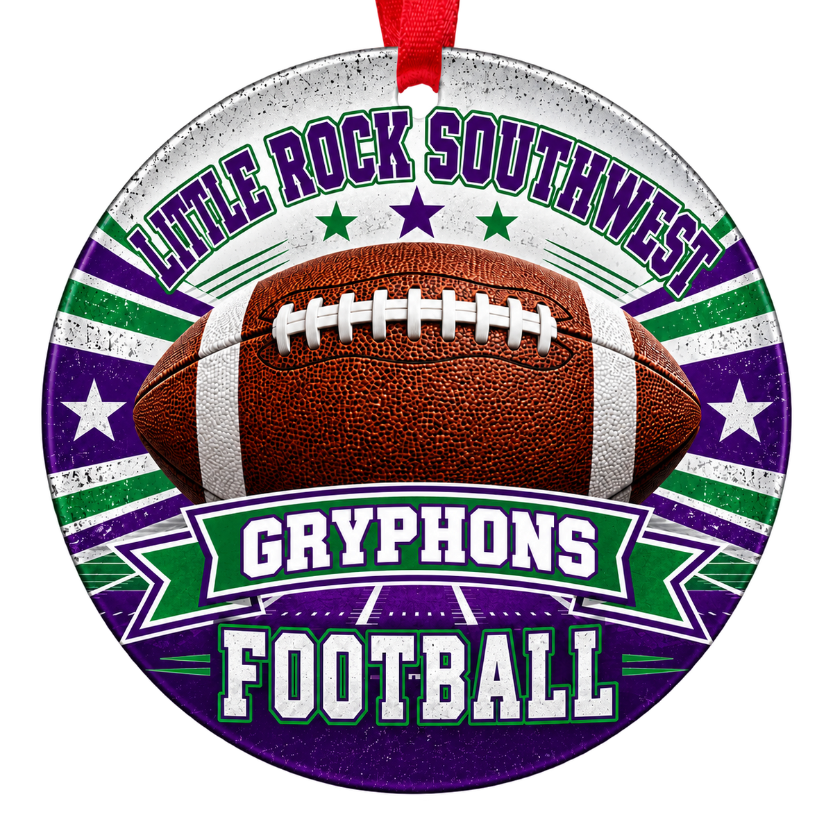 Little Rock Southwest Gryphons Football Christmas ornament with football, stars and field artwork in purple, green and silver, red hanging ribbon.
