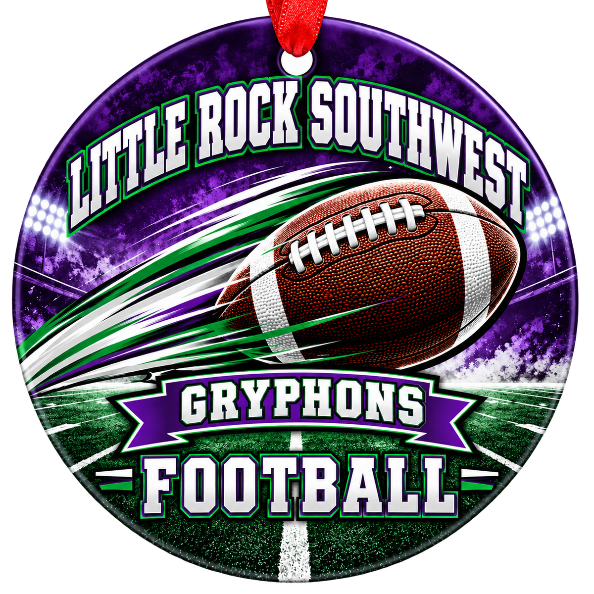 Little Rock Southwest Gryphons Football Christmas ornament with football with motion streaks and stadium lights in purple, green and silver, red hanging ribbon.