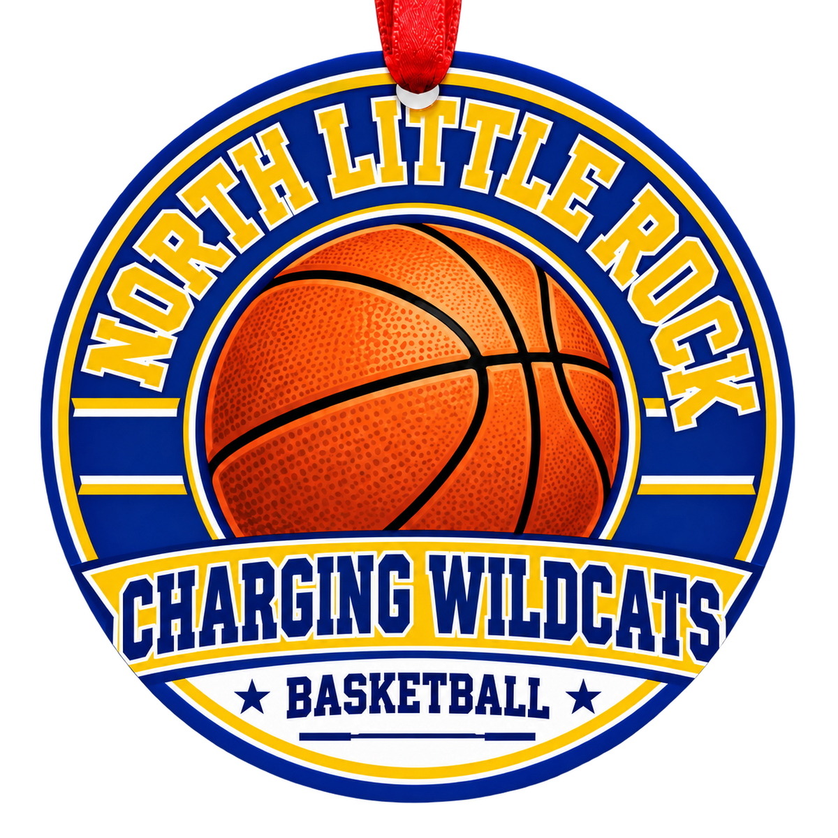 North Little Rock Charging Wildcats Basketball Christmas ornament with varsity basketball artwork in royal blue and gold, red hanging ribbon.