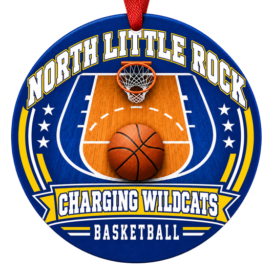 North Little Rock Charging Wildcats Basketball Christmas ornament with basketball court, hoop and ball artwork in royal blue and gold, red hanging ribbon.