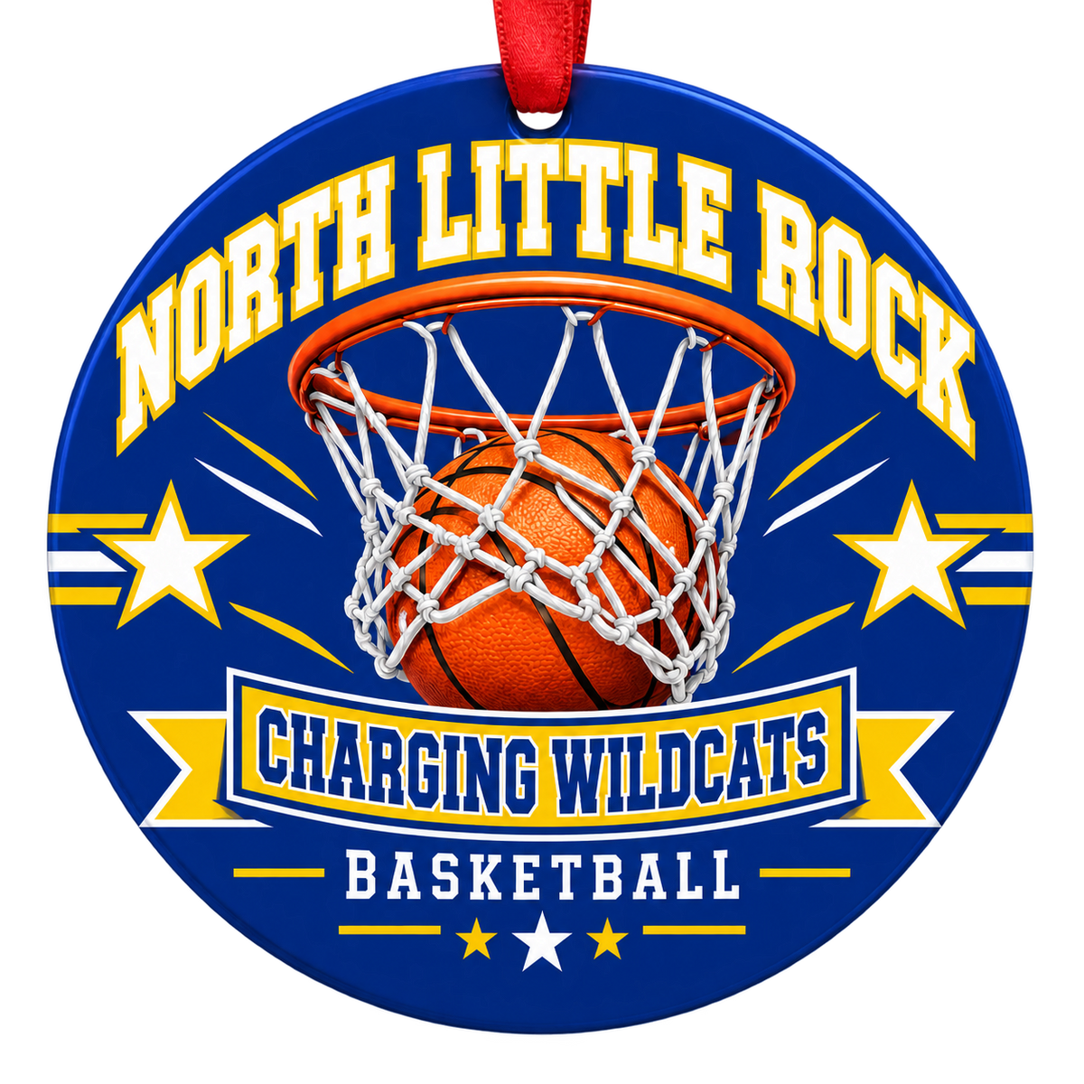 North Little Rock Charging Wildcats Basketball Christmas ornament with basketball passing through a hoop in royal blue and gold, red hanging ribbon.