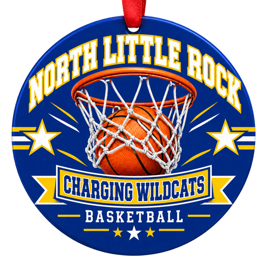 North Little Rock Charging Wildcats Basketball Christmas ornament with basketball passing through a hoop in royal blue and gold, red hanging ribbon.