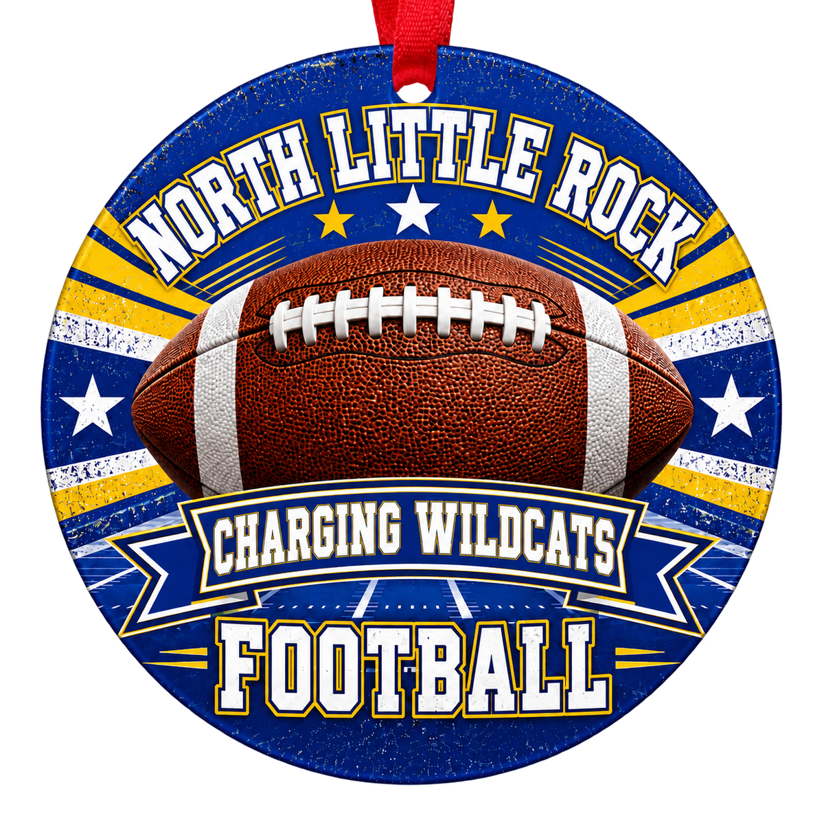 North Little Rock Charging Wildcats Football Christmas ornament with football, stars and field artwork in royal blue and gold, red hanging ribbon.