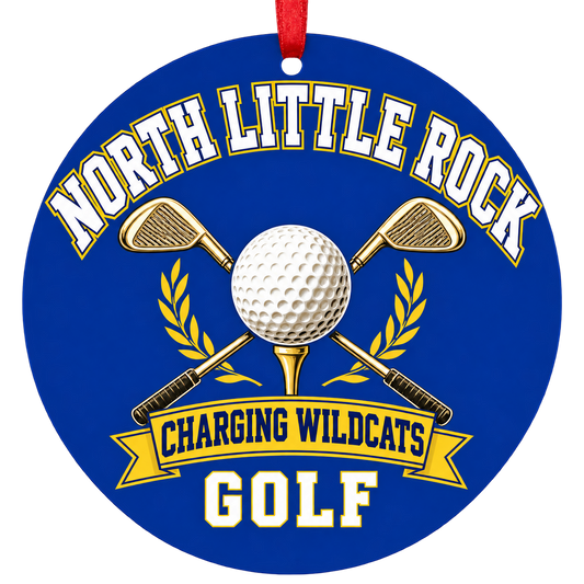 North Little Rock Charging Wildcats Golf Christmas ornament with golf ball and crossed clubs in royal blue and gold, red hanging ribbon.