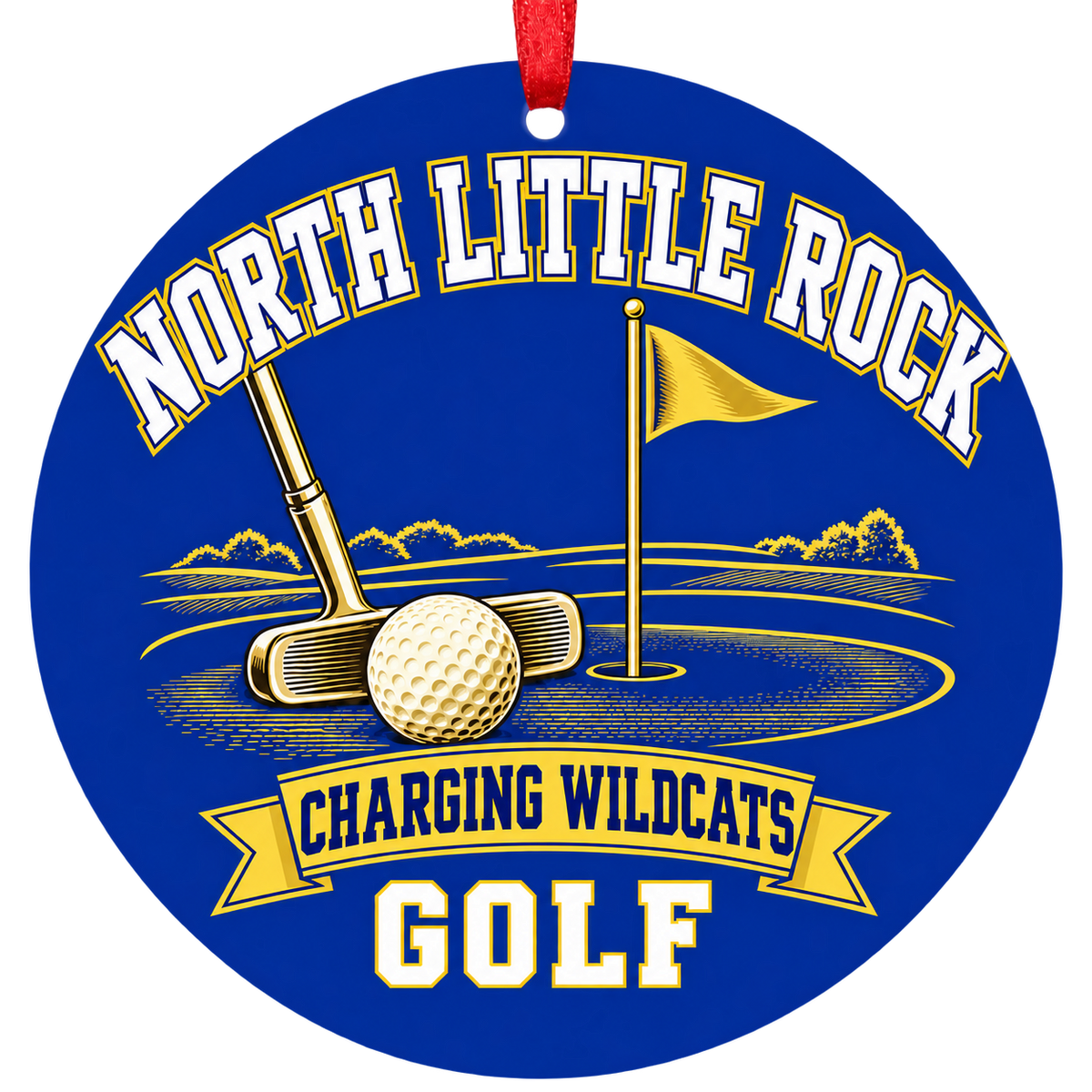 North Little Rock Charging Wildcats Golf Christmas ornament with putter, golf ball and putting green in royal blue and gold, red hanging ribbon.