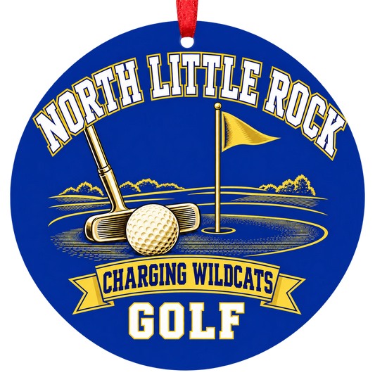 North Little Rock Charging Wildcats Golf Christmas ornament with putter, golf ball and putting green in royal blue and gold, red hanging ribbon.