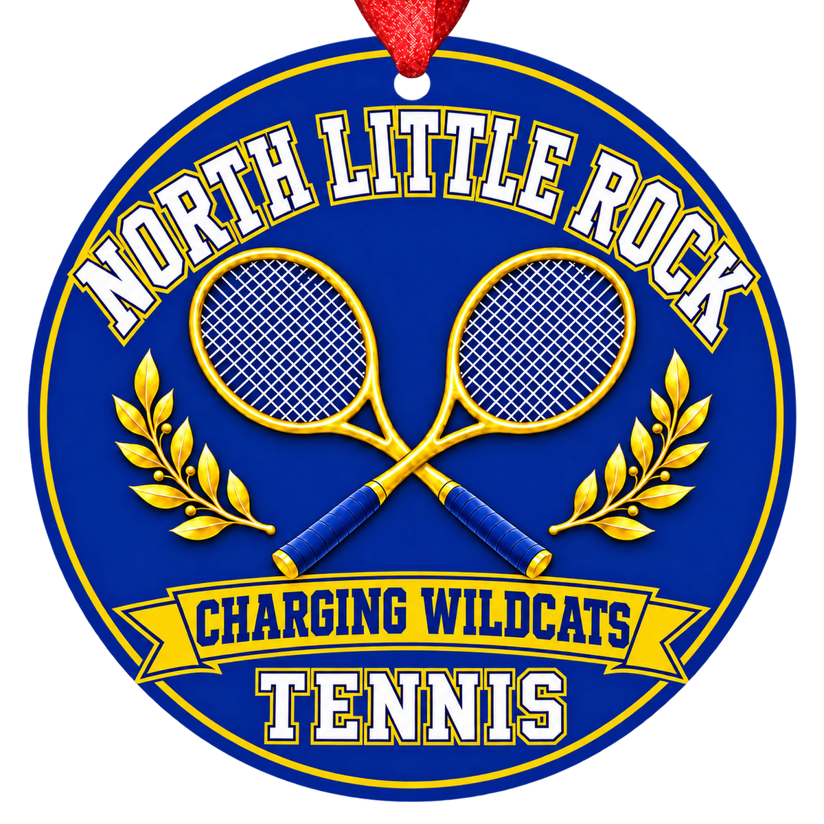North Little Rock Charging Wildcats Tennis Christmas ornament with crossed tennis rackets and laurel details in royal blue and gold, red hanging ribbon.