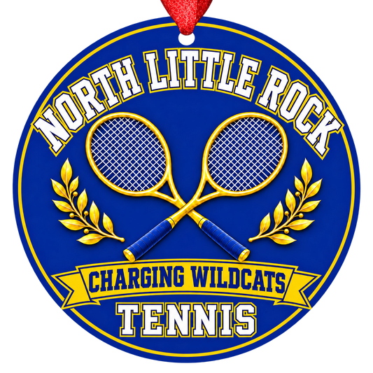 North Little Rock Charging Wildcats Tennis Christmas ornament with crossed tennis rackets and laurel details in royal blue and gold, red hanging ribbon.