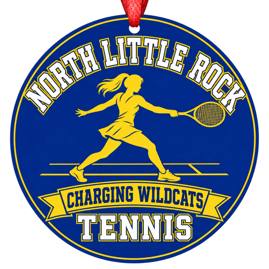 North Little Rock Charging Wildcats Tennis Christmas ornament with tennis player silhouette in royal blue and gold, red hanging ribbon.