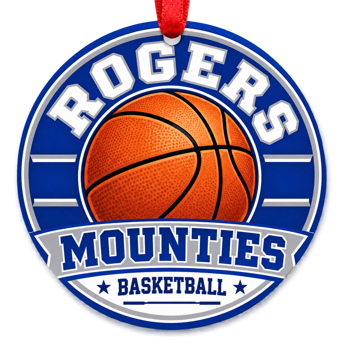 Rogers Mounties Basketball Christmas ornament with varsity basketball artwork in royal blue and gray, red hanging ribbon.