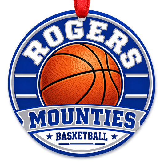 Rogers Mounties Basketball Christmas ornament with varsity basketball artwork in royal blue and gray, red hanging ribbon.
