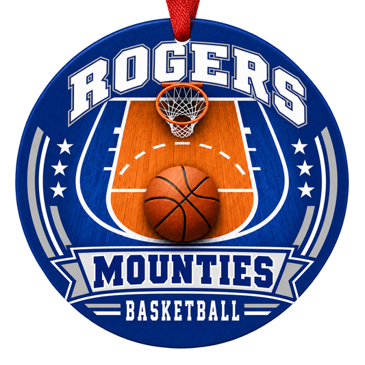 Rogers Mounties Basketball Christmas ornament with basketball court, hoop and ball artwork in royal blue and gray, red hanging ribbon.