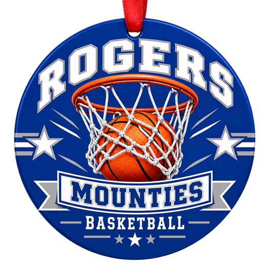 Rogers Mounties Basketball Christmas ornament with basketball passing through a hoop in royal blue and gray, red hanging ribbon.