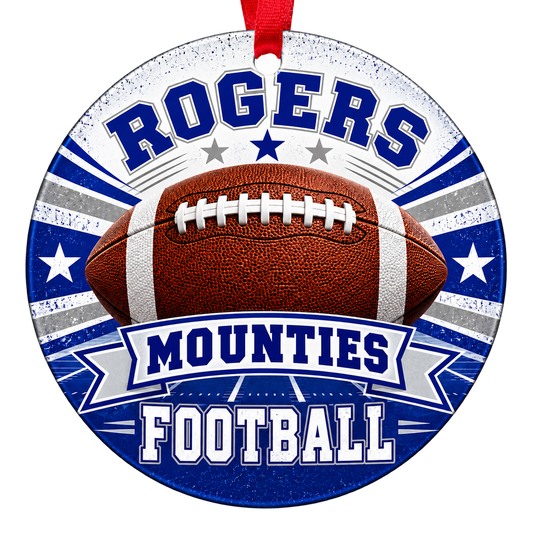 Rogers Mounties Football Christmas ornament with football, stars and field artwork in royal blue and gray, red hanging ribbon.