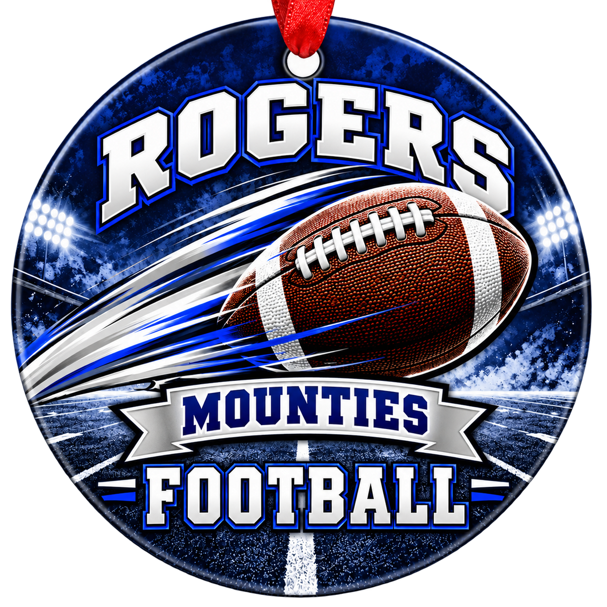 Rogers Mounties Football Christmas ornament with football with motion streaks and stadium lights in royal blue and gray, red hanging ribbon.