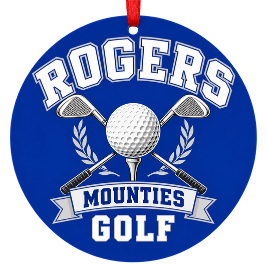 Rogers Mounties Golf Christmas ornament with golf ball and crossed clubs in royal blue and gray, red hanging ribbon.