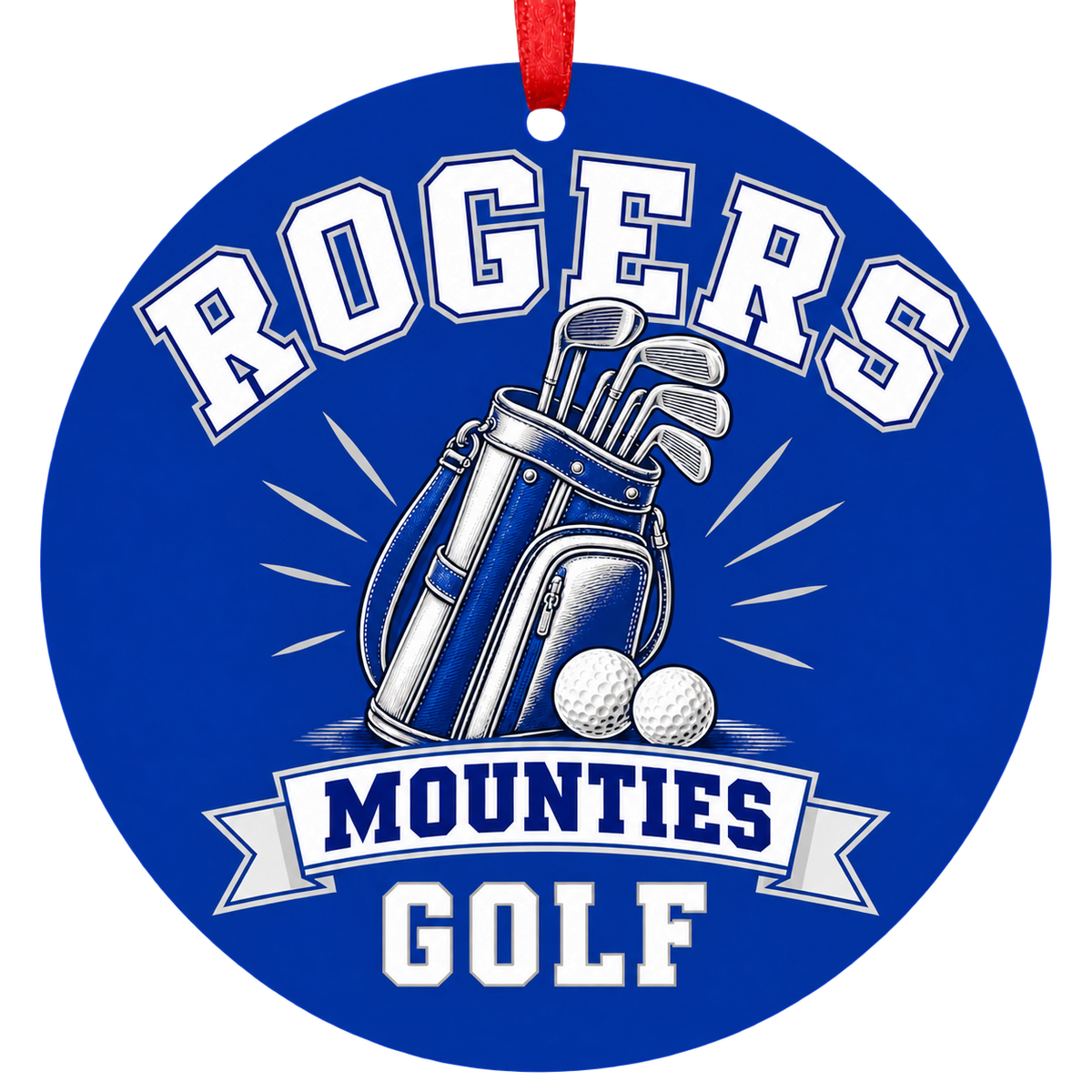 Rogers Mounties Golf Christmas ornament with golf bag, clubs and balls in royal blue and gray, red hanging ribbon.