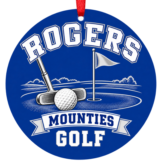Rogers Mounties Golf Christmas ornament with putter, golf ball and putting green in royal blue and gray, red hanging ribbon.