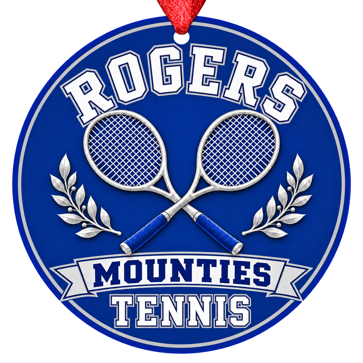 Rogers Mounties Tennis Christmas ornament with crossed tennis rackets and laurel details in royal blue and gray, red hanging ribbon.