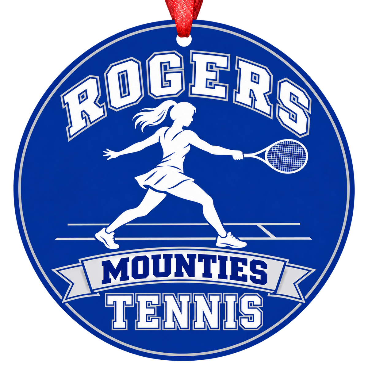 Rogers Mounties Tennis Christmas ornament with tennis player silhouette in royal blue and gray, red hanging ribbon.