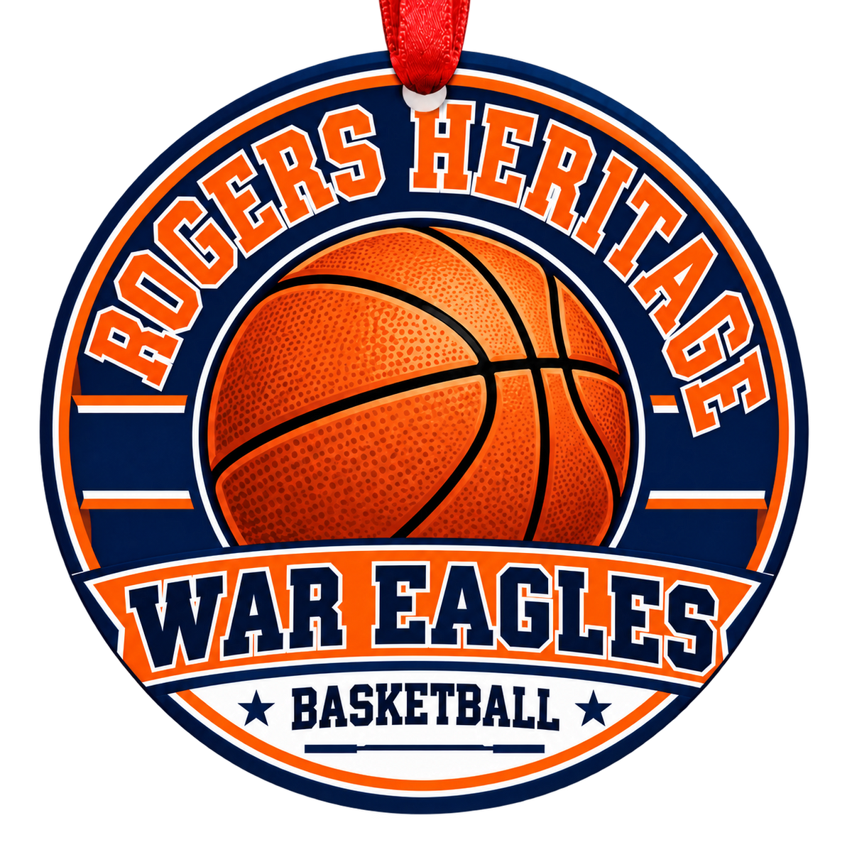 Rogers Heritage War Eagles Basketball Christmas ornament with varsity basketball artwork in navy blue and orange, red hanging ribbon.