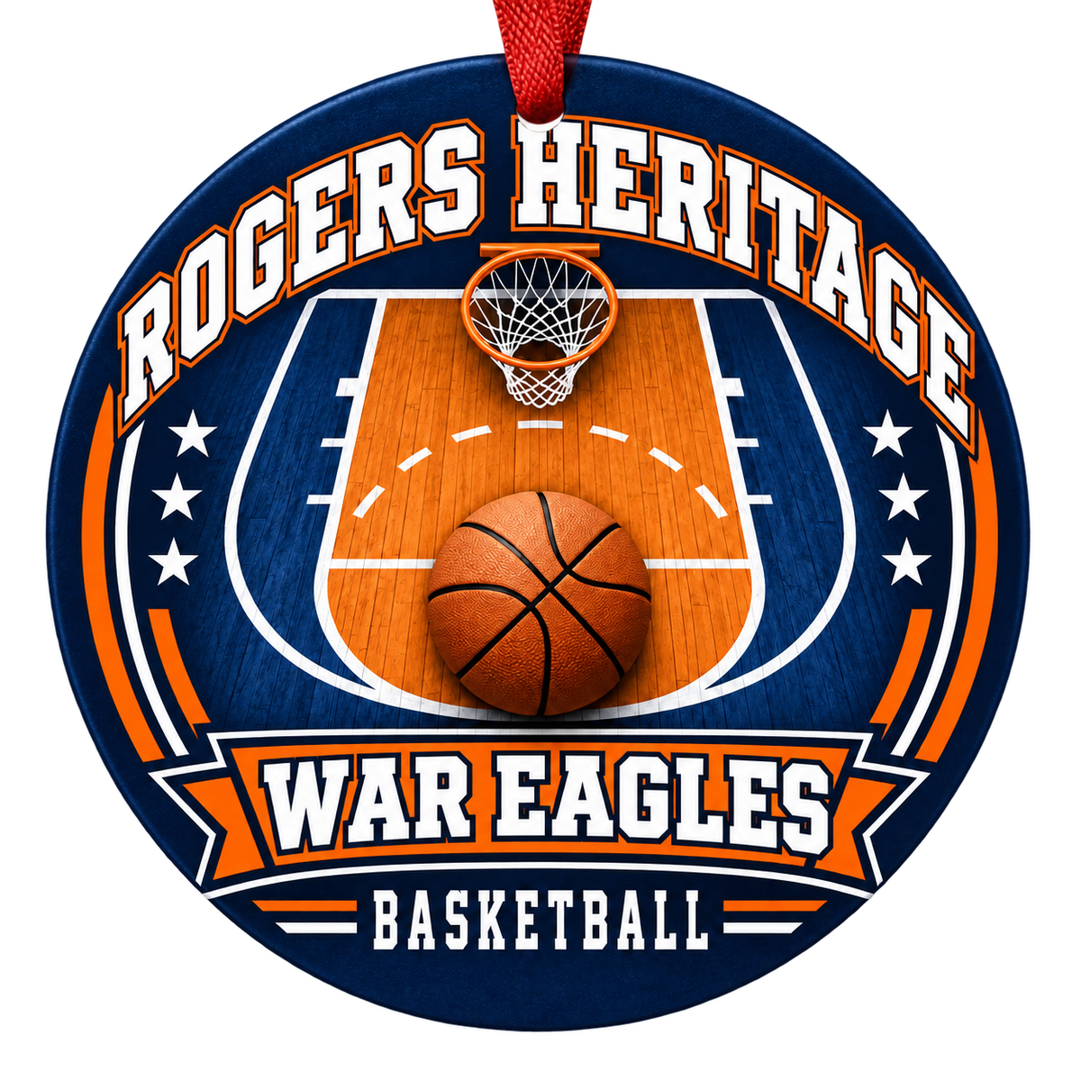Rogers Heritage War Eagles Basketball Christmas ornament with basketball court, hoop and ball artwork in navy blue and orange, red hanging ribbon.